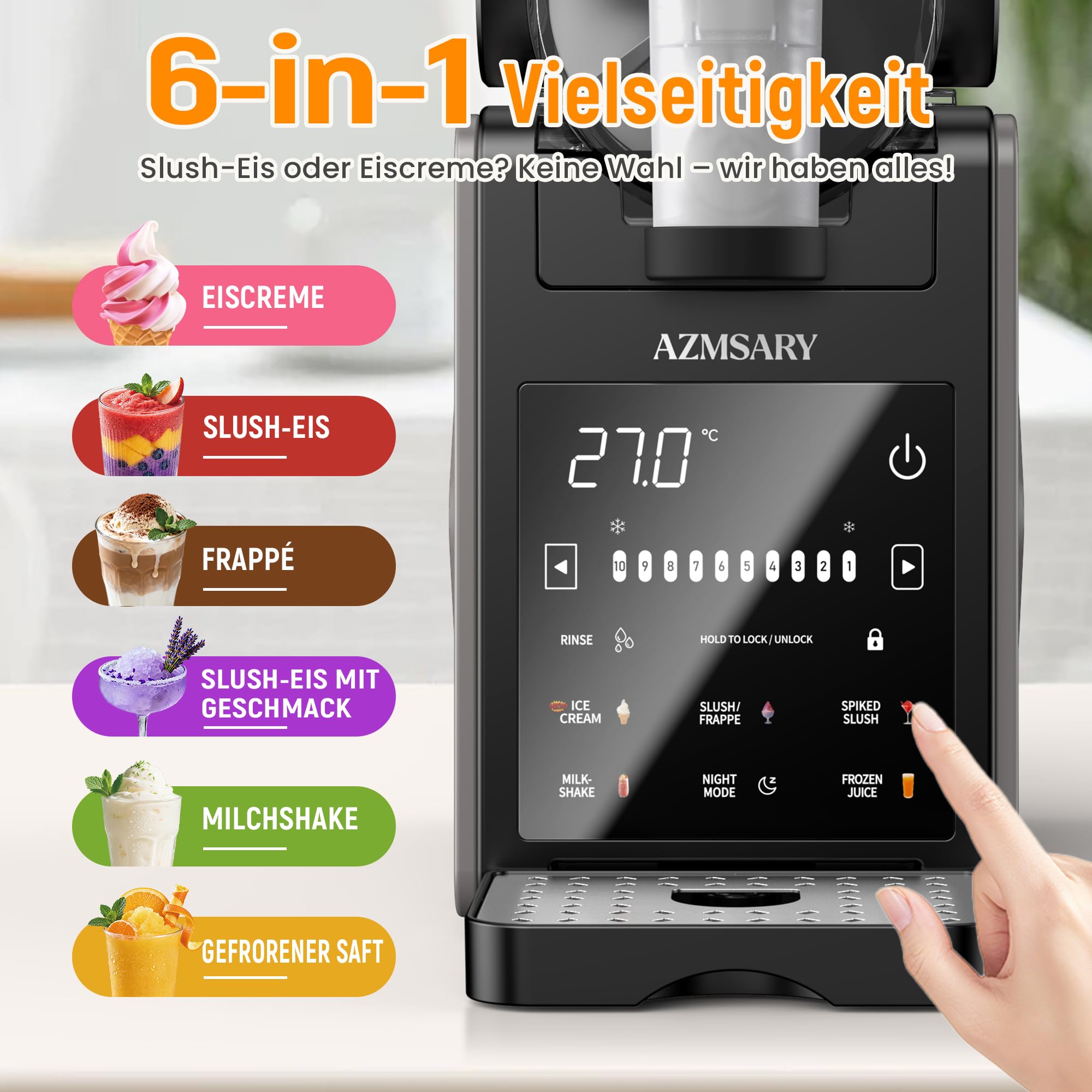 Slush Maschine – 2,5 L Eismaschine & Slushie Maschine für Zuhause, mit LED-Display, 6 voreingestellten Programmen für Eiscreme, Frappés, Milchshakes, automatischer Reinigung