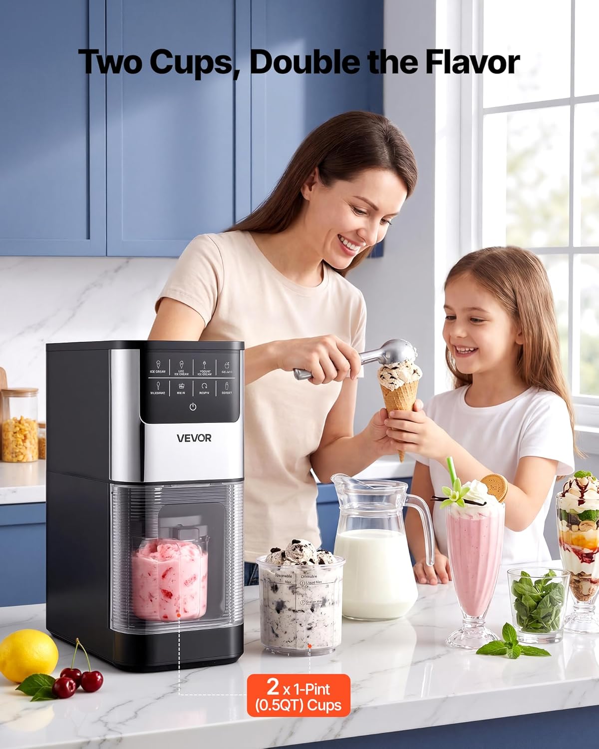 VEVOR Eismaschine, 7-in-1-Gerät für Gelato, Sorbet, Milchshake, Frozen Yogurt & Light-Eiscreme, Hausgemachte Eismaschine mit Ein-Knopf-Funktion zum Einrühren und Nachdrehen, Glatte Cremige Textur