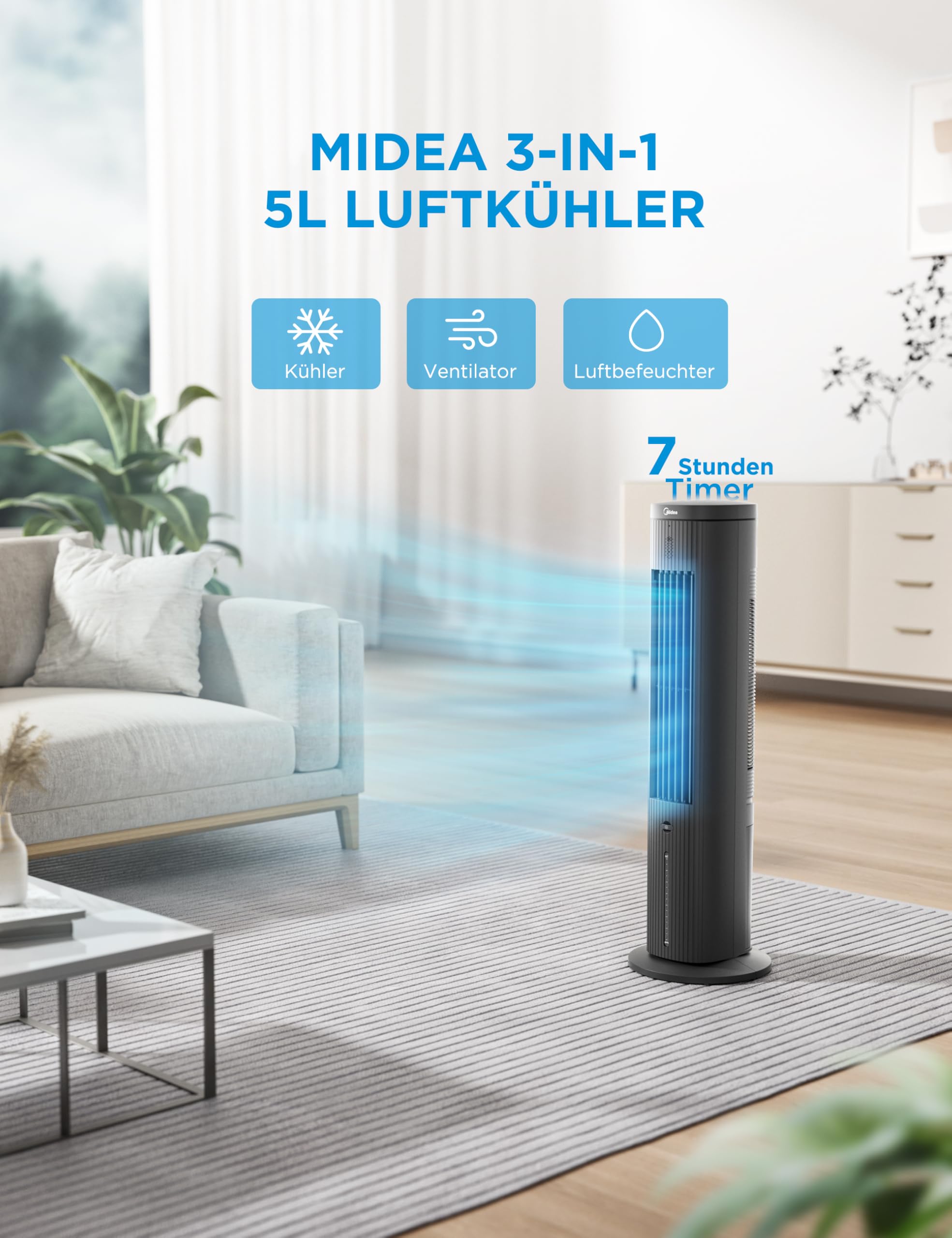 Midea MCF23XRB(WH) Luftkühler, Klimaanlage mobil, 2000m³/h Luftstrom, Sensicool Smart Temp, Ionisator, 6 Geschwindigkeiten, 5 Modi, 12-Stunden-Timer, Touch-Display, 7L Wassertank, Weiß