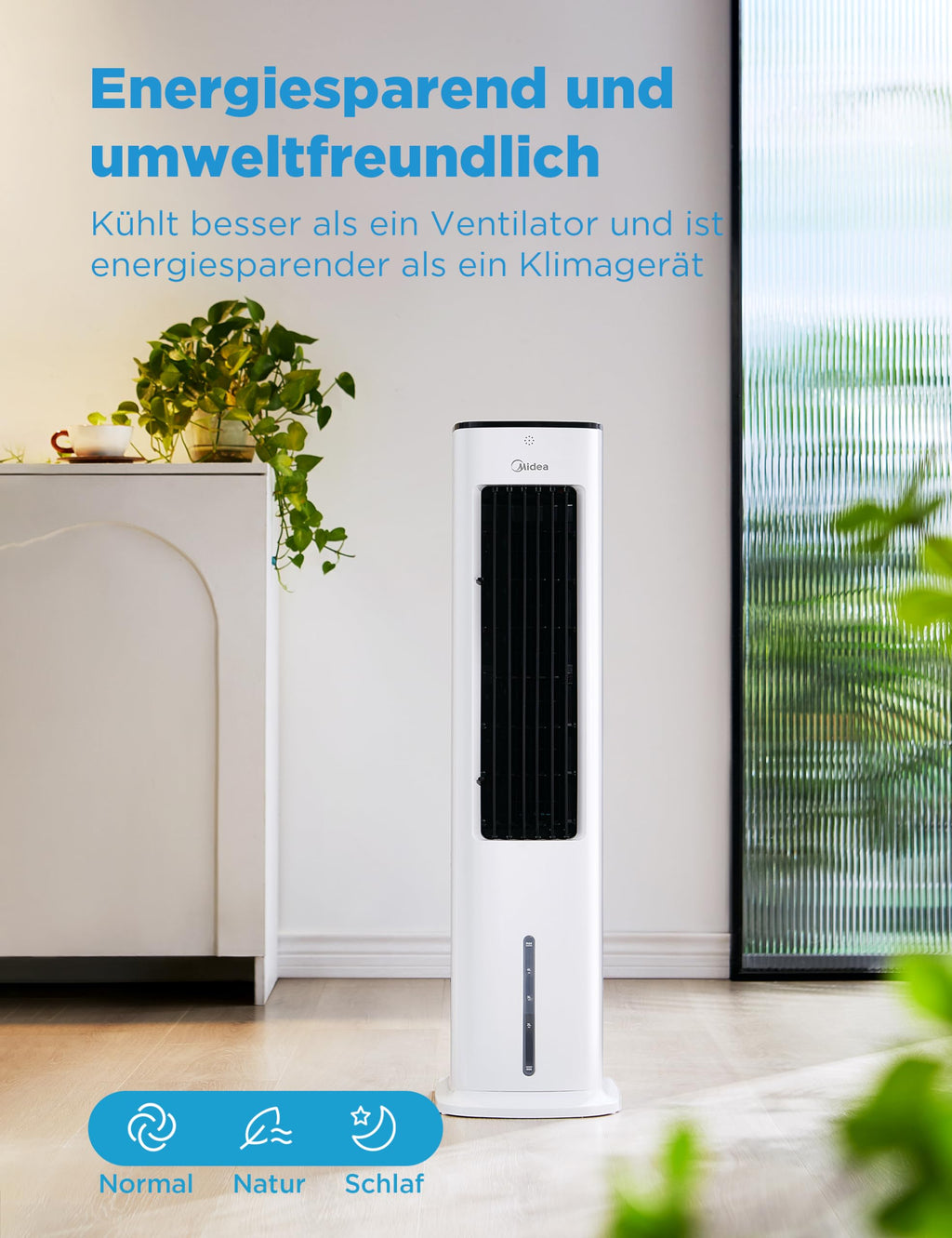 Midea MCF23XRB(WH) Luftkühler, Klimaanlage mobil, 2000m³/h Luftstrom, Sensicool Smart Temp, Ionisator, 6 Geschwindigkeiten, 5 Modi, 12-Stunden-Timer, Touch-Display, 7L Wassertank, Weiß