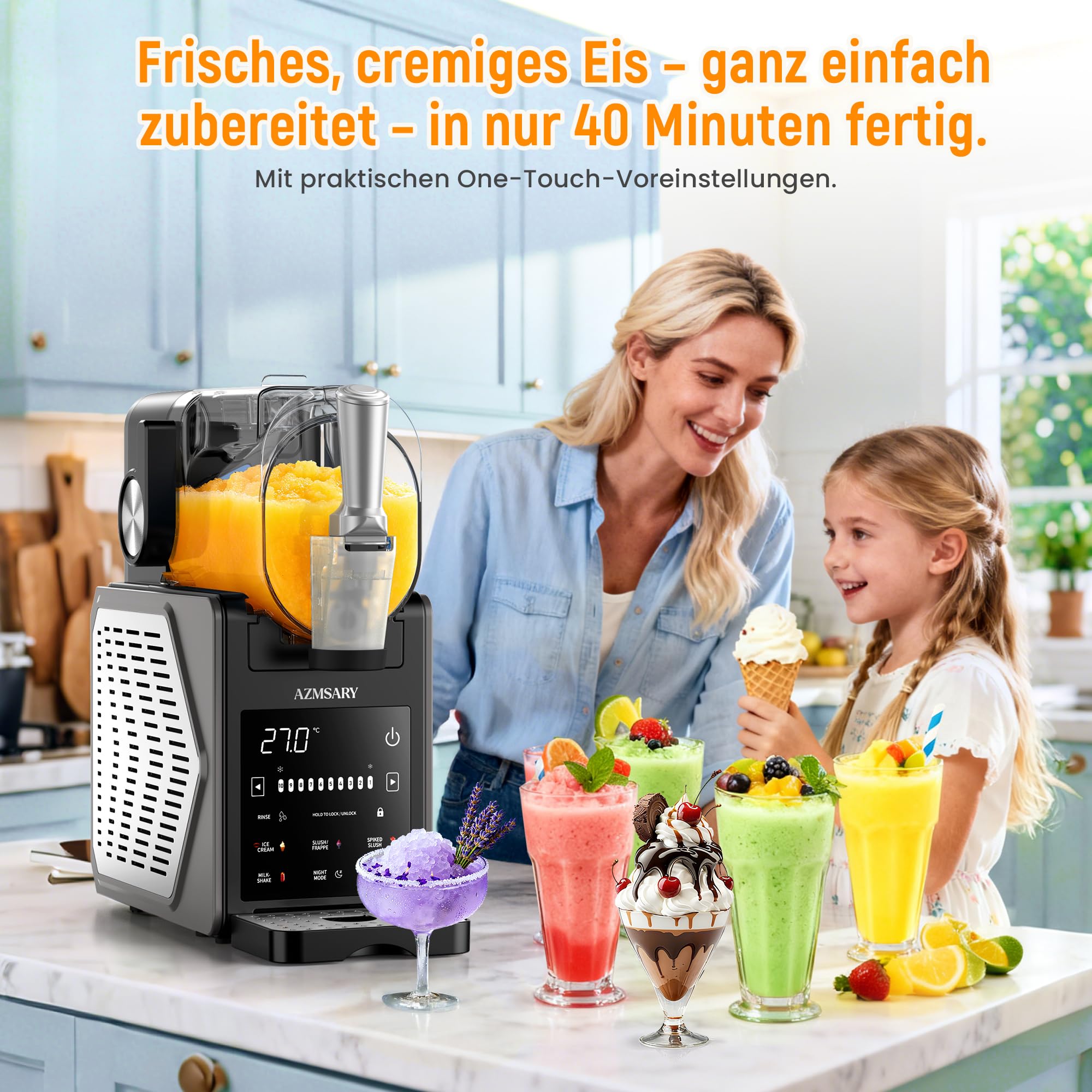 Slush Maschine – 2,5 L Eismaschine & Slushie Maschine für Zuhause, mit LED-Display, 6 voreingestellten Programmen für Eiscreme, Frappés, Milchshakes, automatischer Reinigung