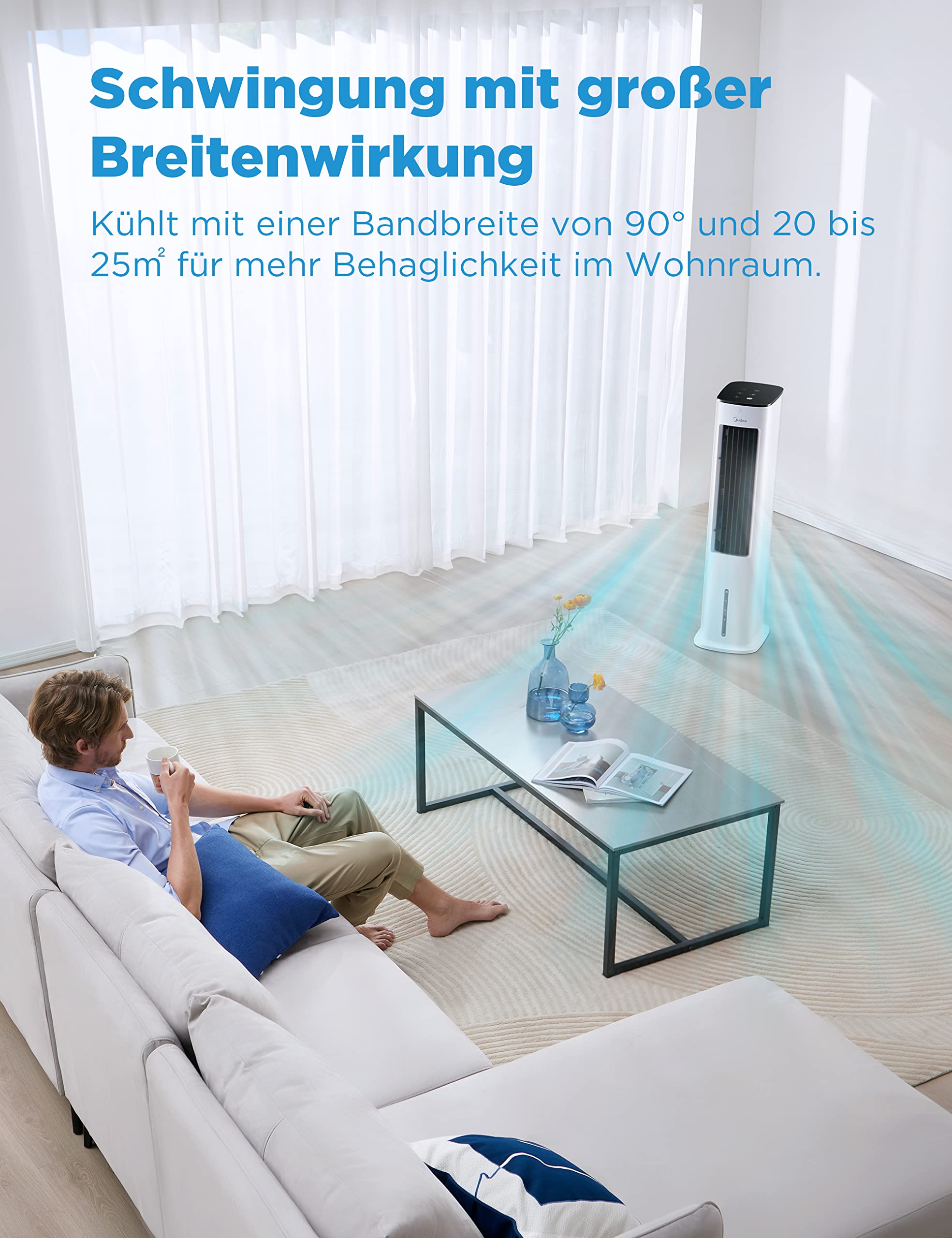 Midea MCF23XRB(WH) Luftkühler, Klimaanlage mobil, 2000m³/h Luftstrom, Sensicool Smart Temp, Ionisator, 6 Geschwindigkeiten, 5 Modi, 12-Stunden-Timer, Touch-Display, 7L Wassertank, Weiß